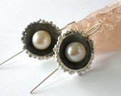 Silver Pearl Earrings - Round Sterling Dangle Earrings - Pearl Silver Dangles - Pink Pearl Earrings