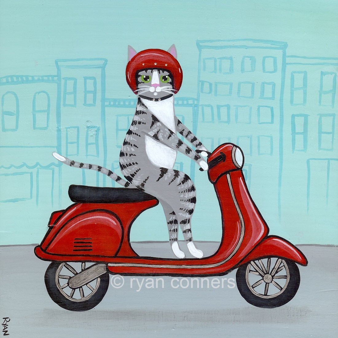 Red Vespa Silver Tabby Cat Folk Art Digital Print