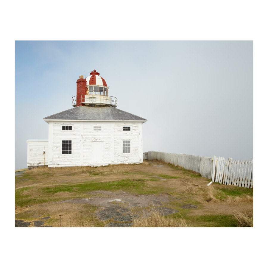 Lighthouse Photography, Cape Spear, Fog, White Picket Fence, Barren Green Field, Travel, Oldest Lighthouse in Newfoundland - The Watch 8x10