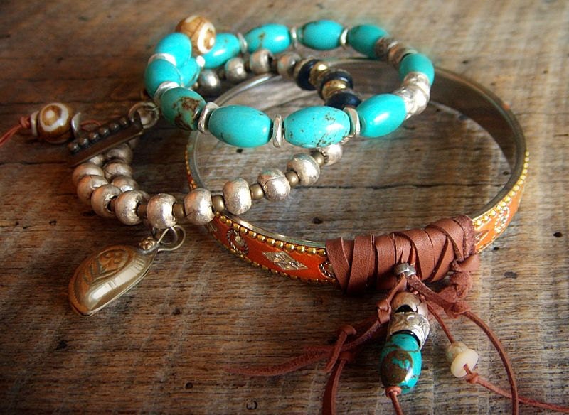 Vintage Bangle Set mixed with Turquoise, Tibetan Prayer Beads and African Globes
