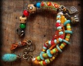 African Beads, Amazonite, Calcite and Bone Beaded Charm Bracelet