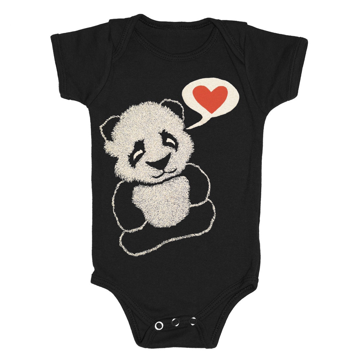 Panda Bear - Baby One Piece Bodysuit Romper Jumper Cute Boy Girl Adorable Red Heart Love Zoo Asian Animal Fuzzy Furry Cuddly Black Onesie