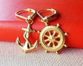 Nautical Dangle Earrings - Anchor and Ship Wheel Earrings - Brass Nautical Earrings - Summer Earrings