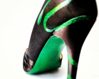 Wedding shoes green snake black pumps custom snakeskin