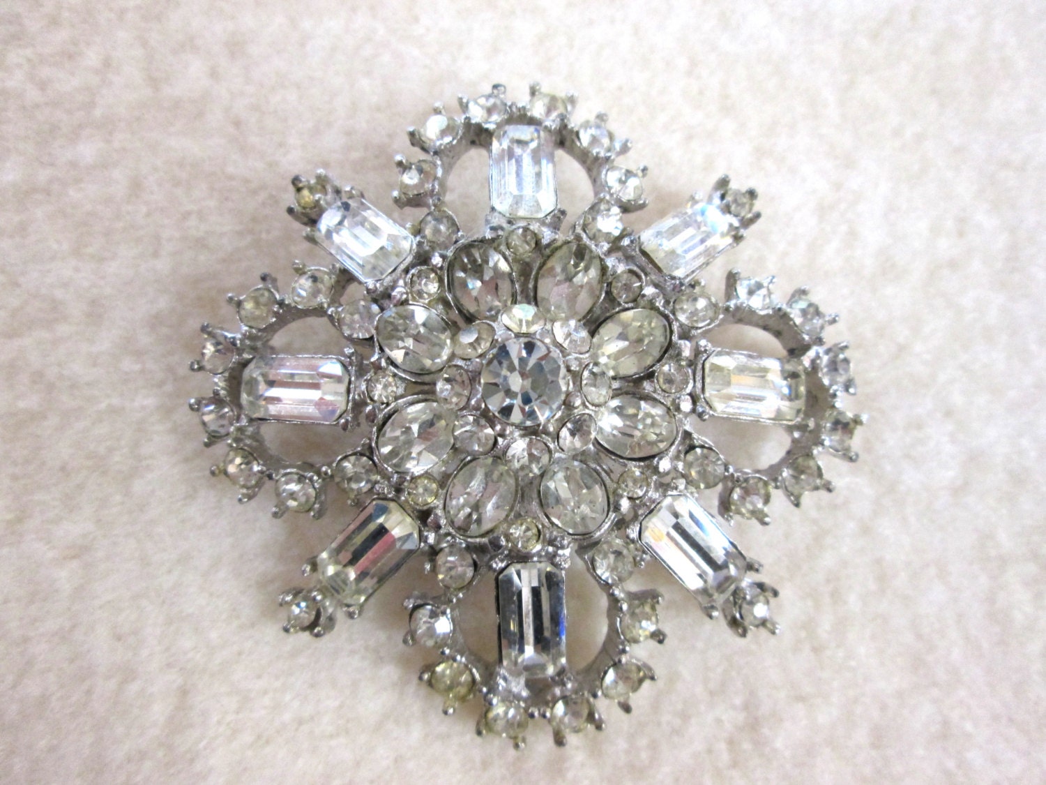 Vintage Bright Rhinestone Iron Cross Snowflake Brooch