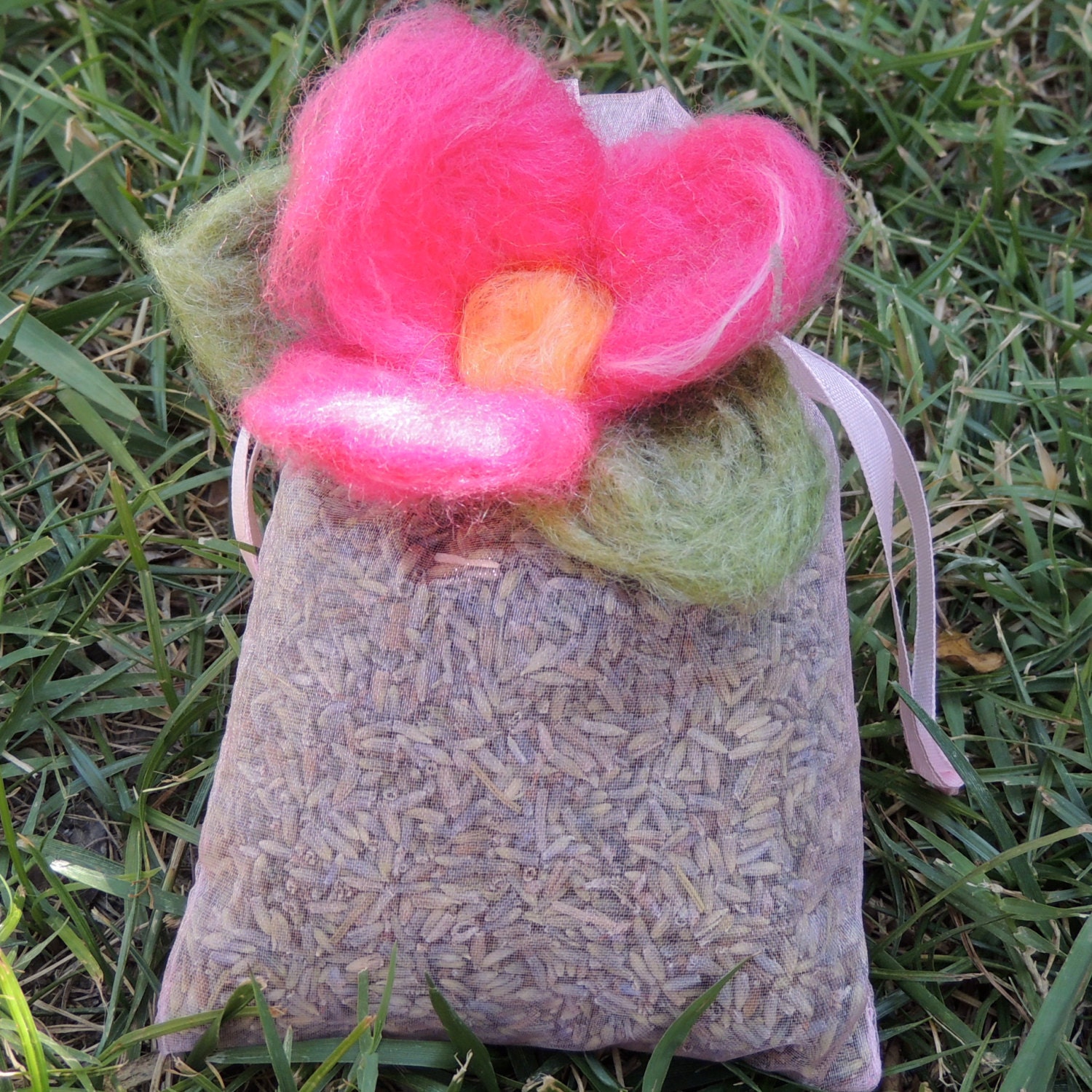 Organic Lavender Sachet with Needle felted wool flower detail -l Waldorf inspired creation by Rebecca Varon aka Nushkie