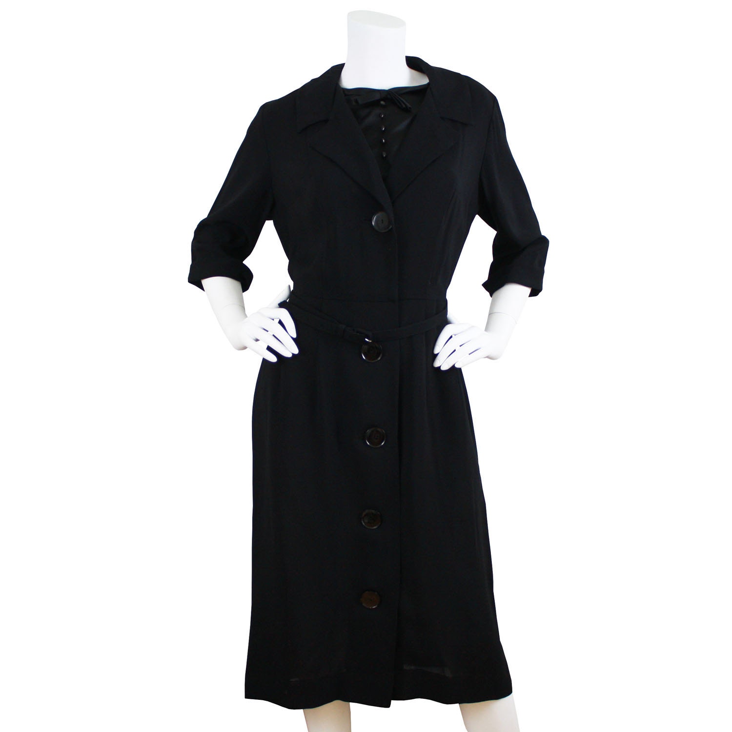 50's Vintage Black Decorum Tuxedo Button Up Collared New Look Larger Size Dress