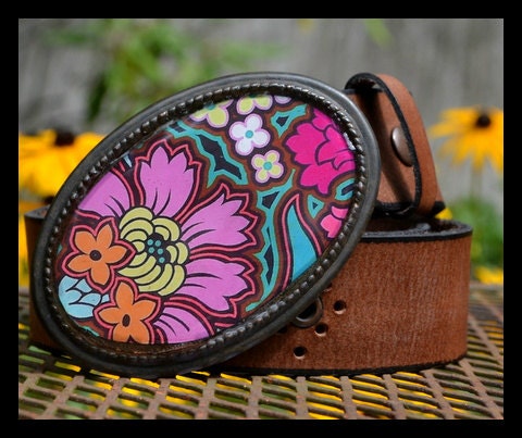 The Bridget Belt -  Leather Belt with Bold and Bright Pink and Orange Buckle