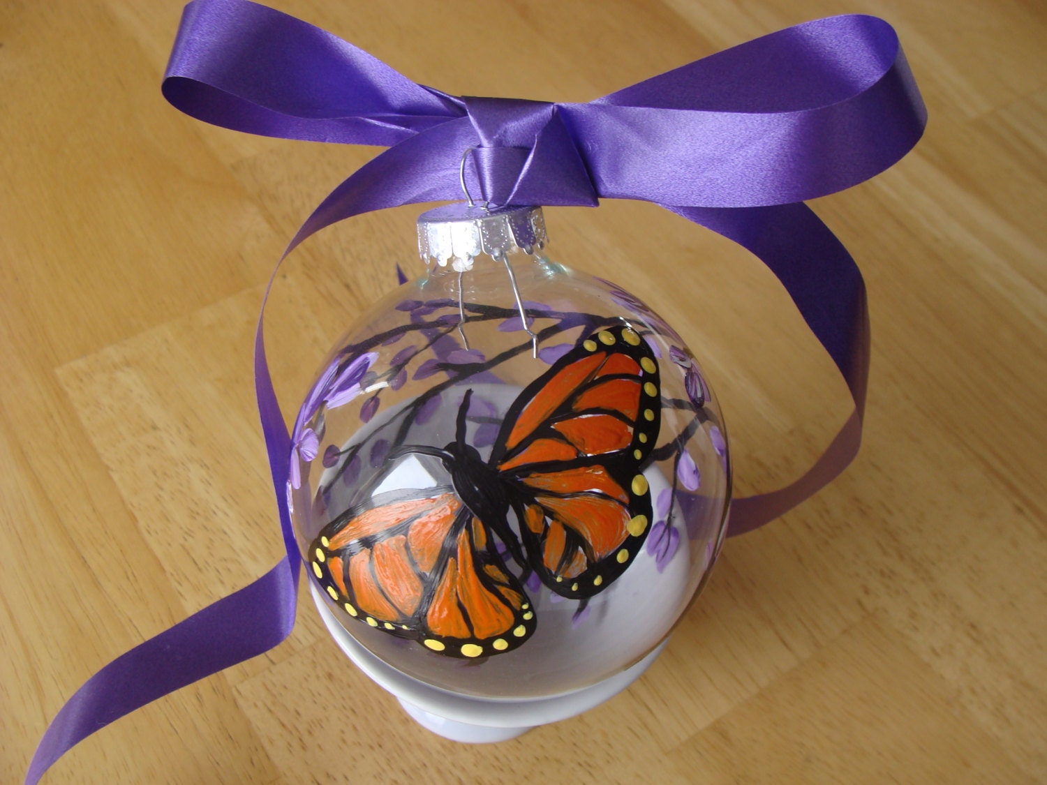 Monarch Butterfly and Lilacs Ornament Glass Hand Painted