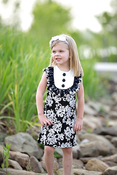 Retro  1960's style  sleeveless Layla dress... with bib and ruffle with lace-children clothing