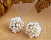 Pearl Flower Post Earrings / Wedding Jewelry / Ivory Pearls, Vintage Rhinestones /  Floral Lace / "Matilda"