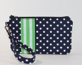 Wristlet / Padded Zipper Pouch - Preppy Navy Dots and Green