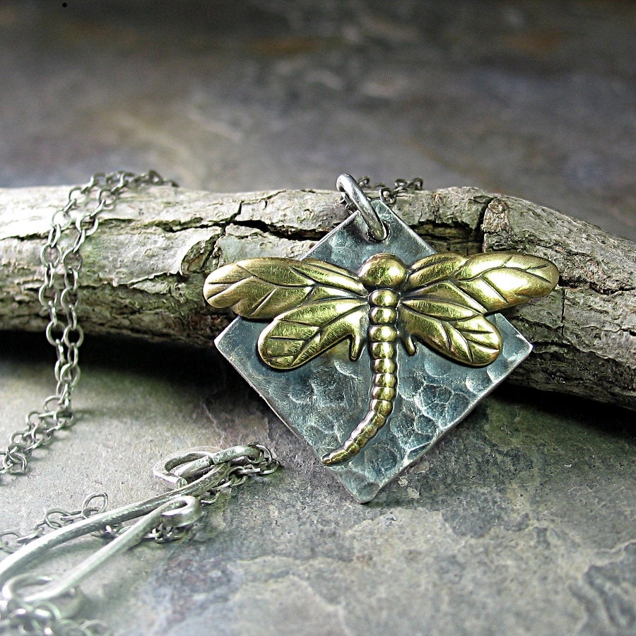 Dragonfly pendant brass on sterling silver, rustic - Woodland Dragonfly