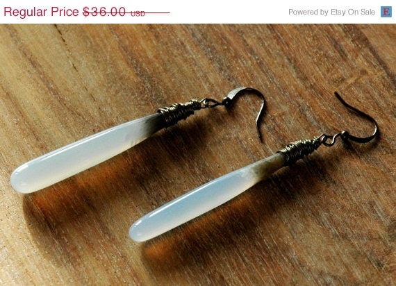 Summer Sale 10% Off Antiqued Brass Wire Wrapped Earrings with Tie Dye Black and Periwinkle Chalcedony Gemstones Pendants
