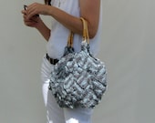 Beach Bag Gray Knitted in Cotton with Rattan Handles