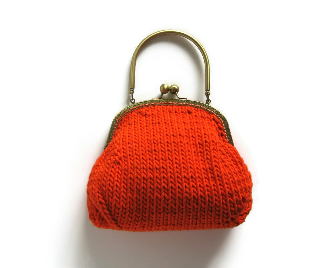 Orange Bag Purse Knitted in Cotton with Brass Handles