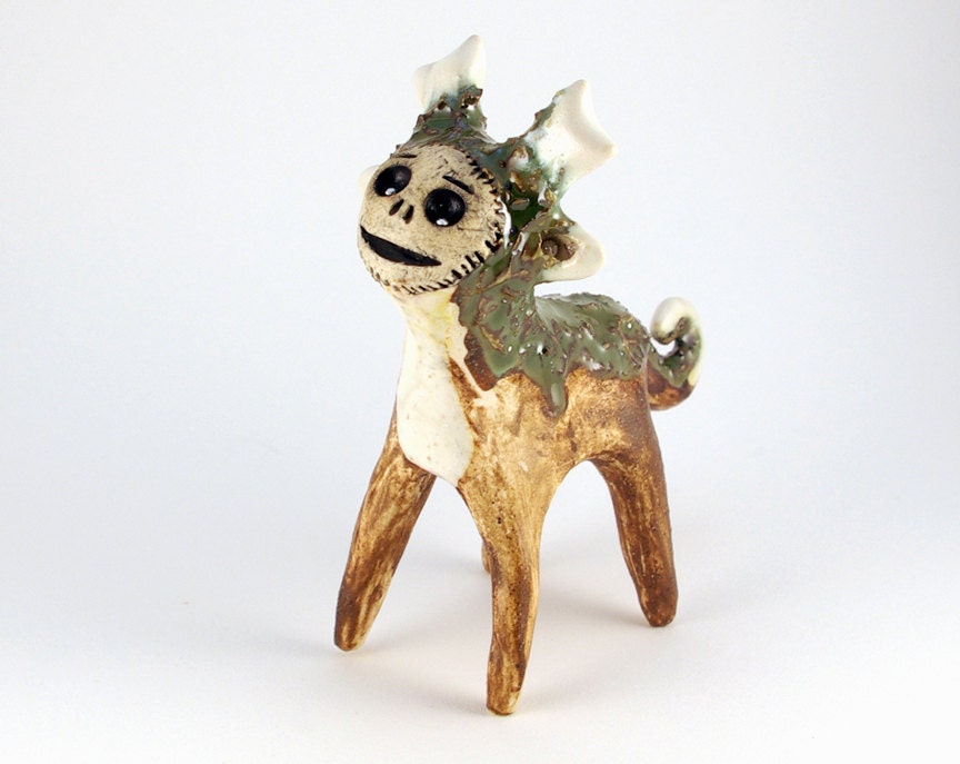 Ceramic Forest Creature Sculpture, Clay Beast in Brown and Green with Silver Accents