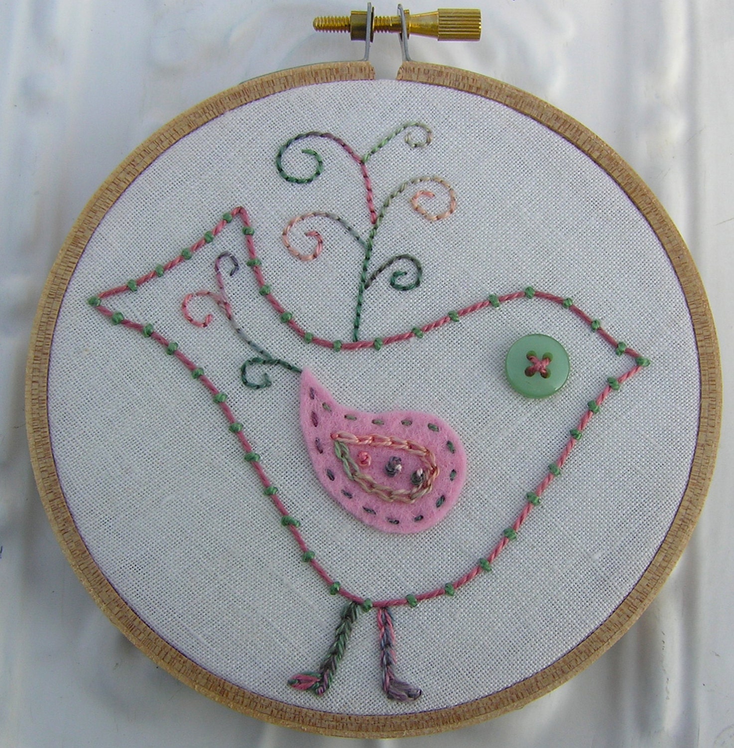 Embroidered Wall Art - Miss Lucinda Lou - Sweet Pink and Green Folk Art Bird on Linen