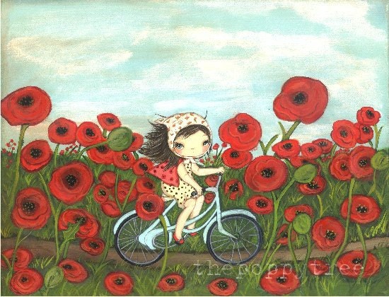Poppy Print Girl Bicycle Red Flower Wall Art---Peddling through the Poppies LARGE PRINT 11 x 14