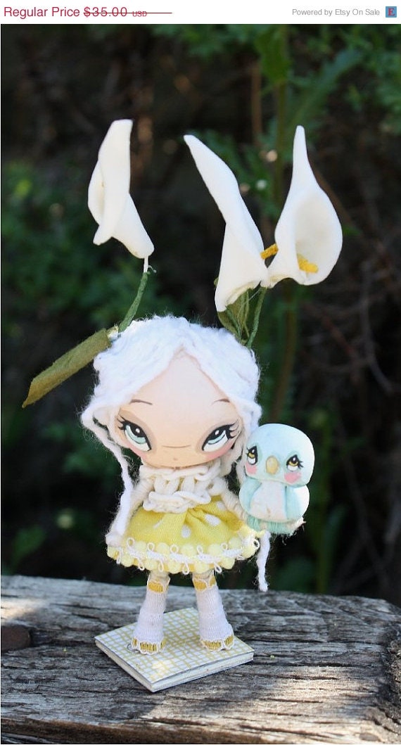 Spring Doll Calla Lily And Porcelain Handpainted Owl Paper Mache OOAK Art Doll