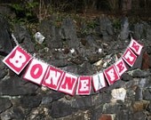 Paris-French bonjour/bonne fete banner/bunting pink/orange hand embroidered and reusable: customizable party or nursery decor art Il_170x135