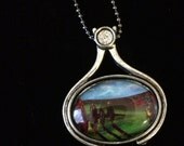 rolling green hill's trees cypress antique silver Oval glass pendant art blue red green white copper