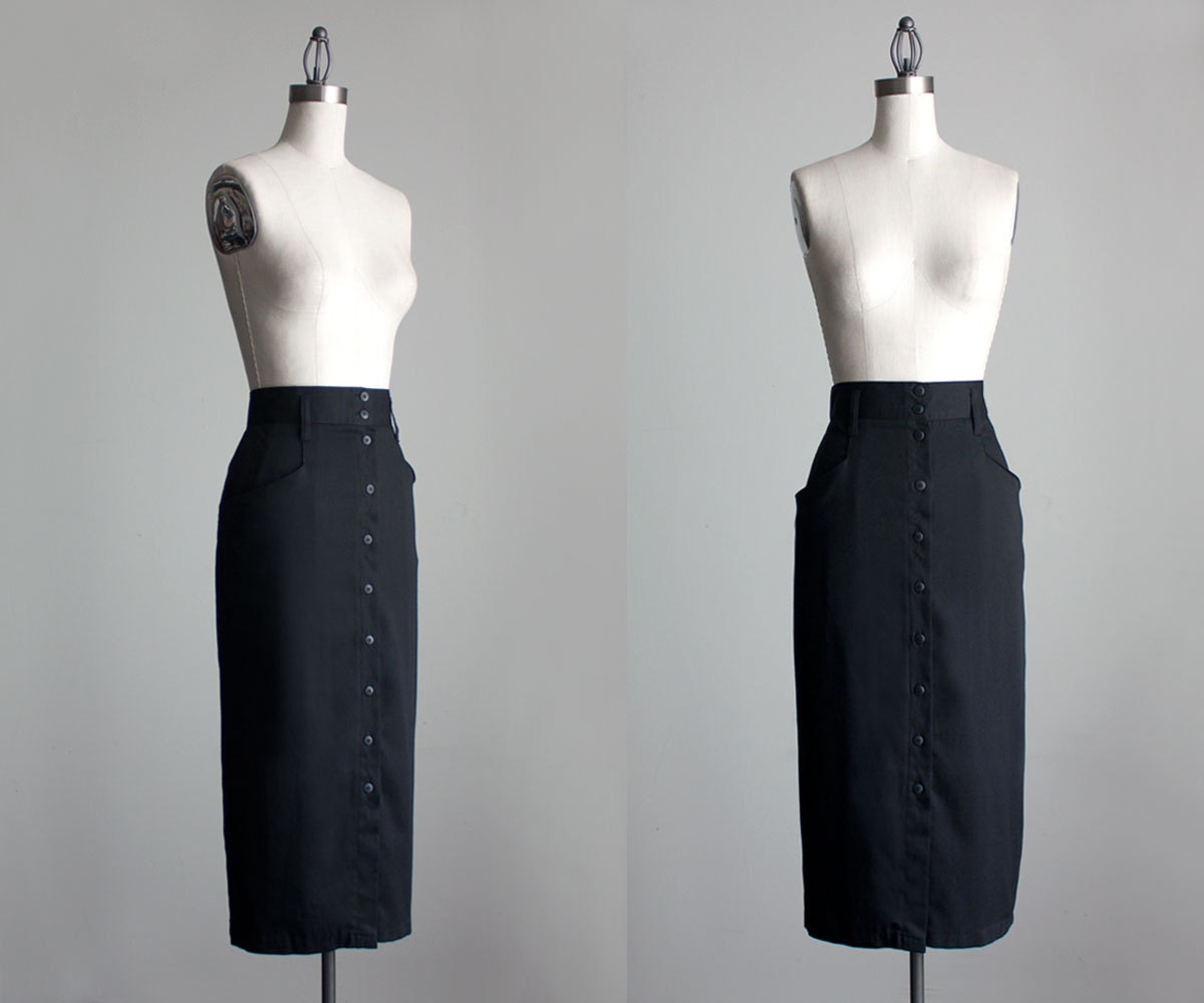 Black Maxi Skirt 1990s Vintage Black Button Down Maxi Skirt