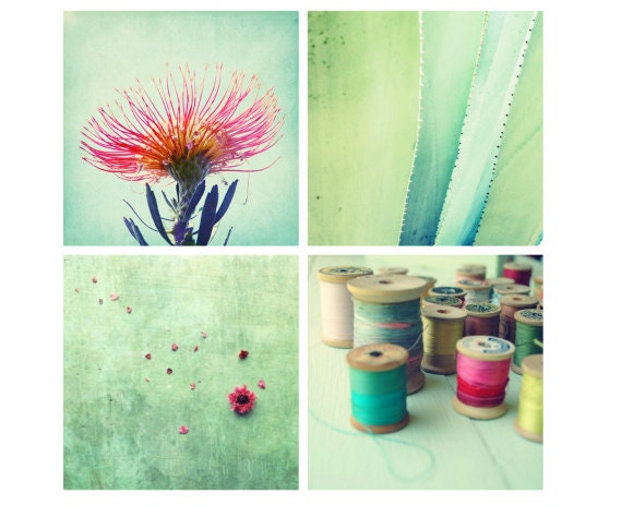 Photography Set - SALE - mint aqua teal neon coral pink  - whimsical nursery room decor wall art  - four 5x5 fine art photography prints