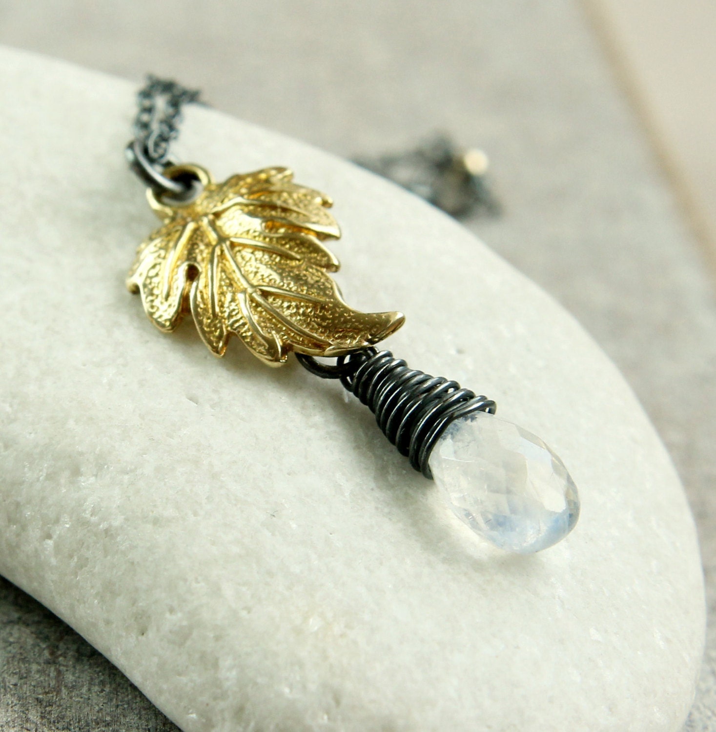 White Moonstone  Necklace -   Oxidized  Sterling Silver -  Mixed Metals -  Birthstone - Gemstone Necklace  - Handmade Jewelry