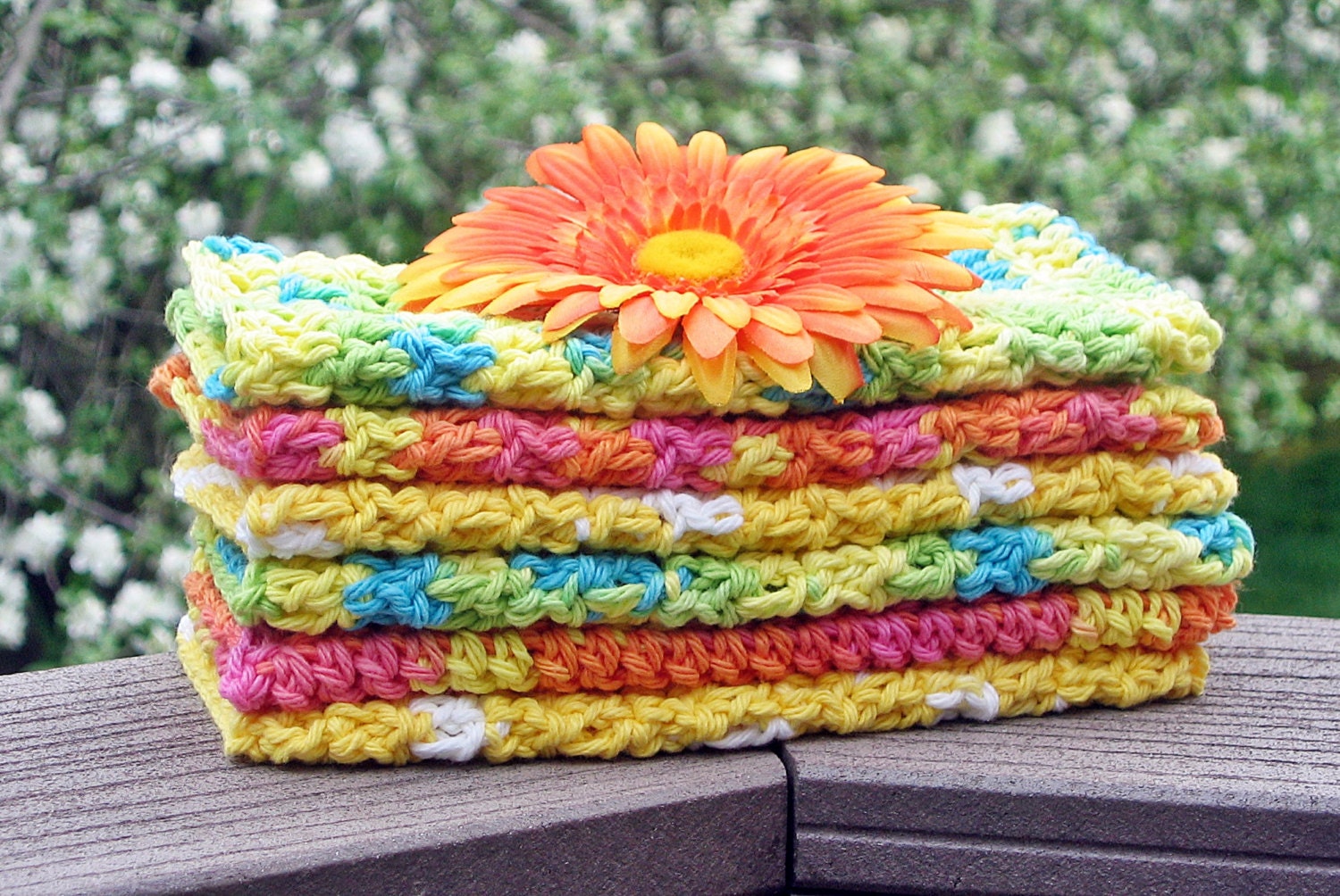 Cotton Crochet Washcloths Dishcloths Handmade - Eco Friendly and Green - Total of 6 - Crochet Cotton Wash Cloths Dish Cloths