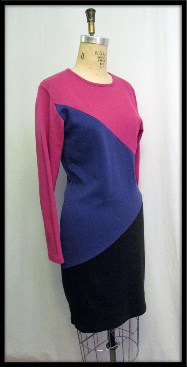 Vintage 1980s MOD dress Colorblock Swinging purple pink black Mondrian inspired M