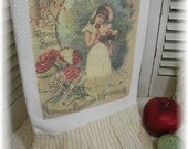 Vintage Garden Advertising Kitchen towel tattered ruffles Farmhouse charm CHOOSE from 3 designs