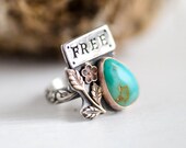 Sterling Songbird Ring, Natural Turquoise Gemstone Cabochon, FREE