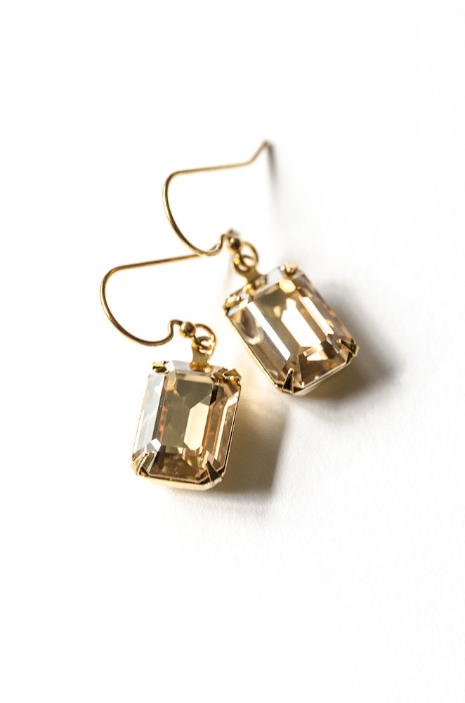 Swarovski Crystal Bridal Earrings -- Champagne Diamond Rectangle in Gold Plate