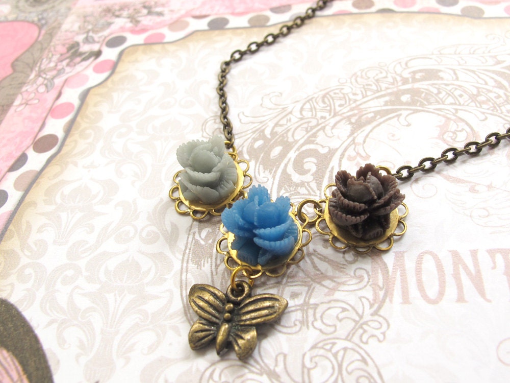 Wonderland Spring Summer Garden with Butterfly, Blue Lace Roses Lolita Style antiqued brass Necklace