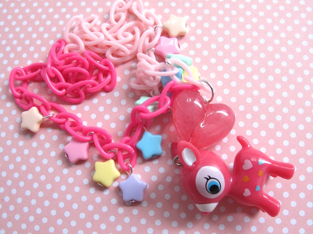 Pink  Bambi Deer. Hearts Spots. Kawaii Sweet Harajuku FairyKei Style Cute Mori Forest Puchi Barbie Rainbow Colourful Stars Necklace