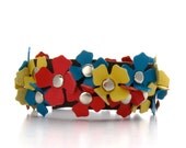 Handmade Flowered Leather Cuff, A Flowered Leather Bracelet in Yellow, Red, and Blue