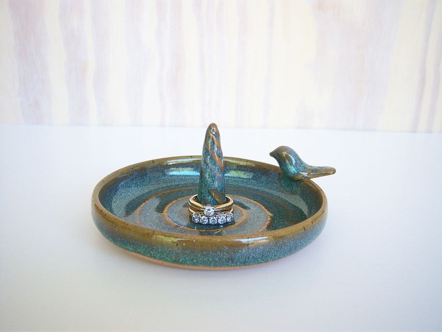 Ceramic Ring Dish in Sea Mist Glaze with Bird Decoration Stoneware Clay Jewelry Bowl