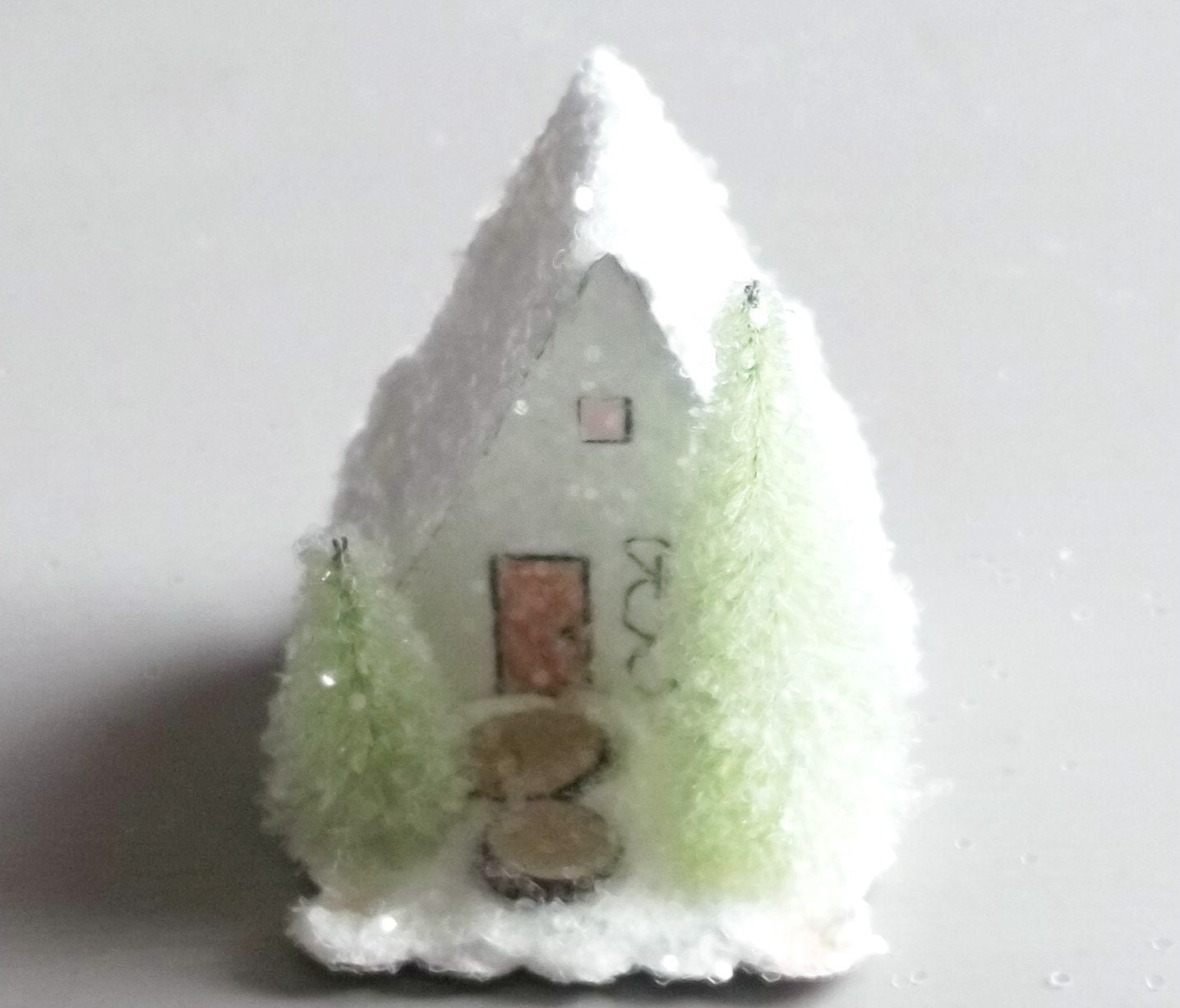Vintage Putz Style Miniature White Glitter Sugar House Shabby Christmas Village Mint Green Bottle Brush Tree Ornament
