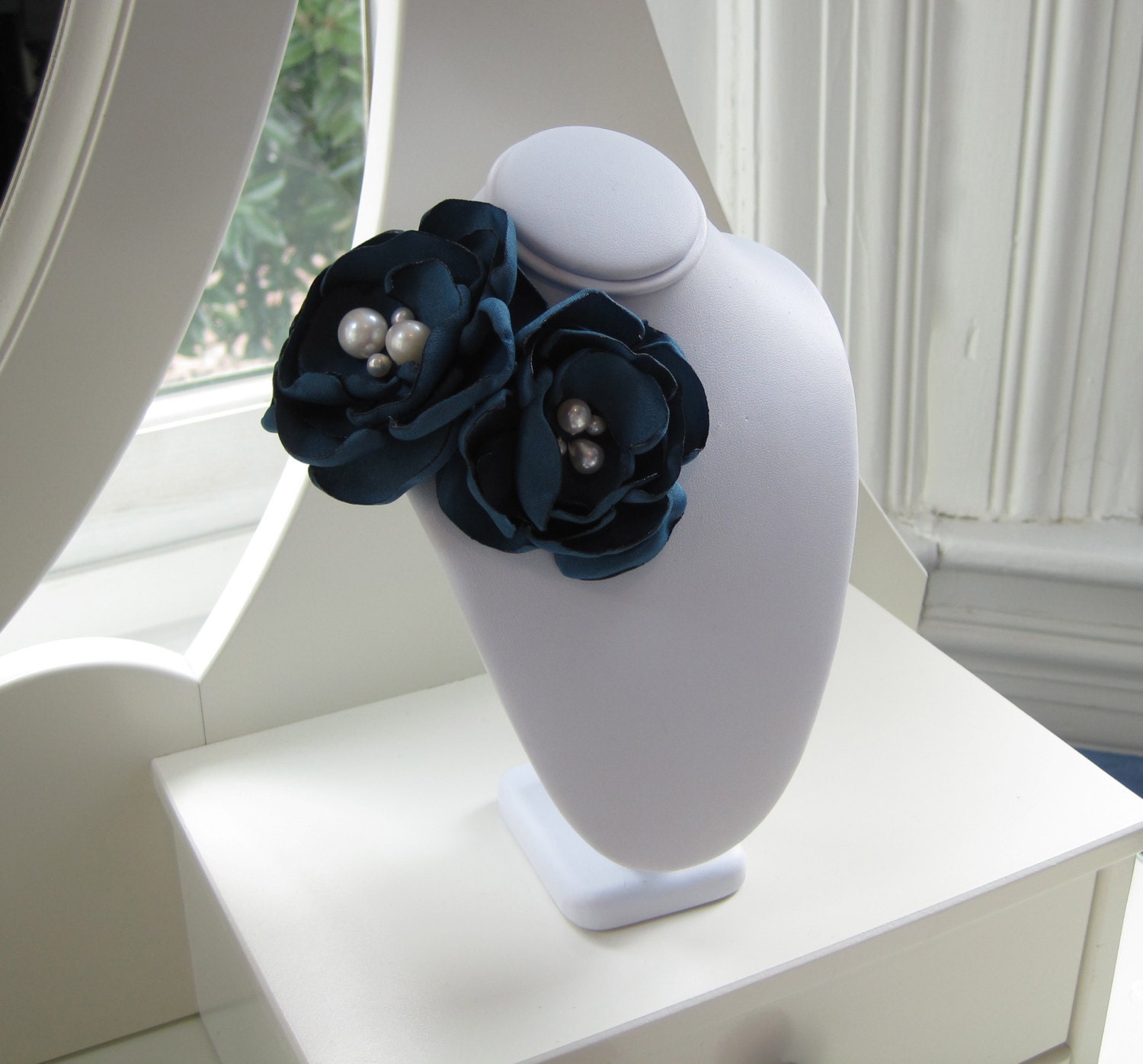 DOUBLE BLOOM fabric flower brooch  corsage pin in Lyon blue matte satin with dyed pearls
