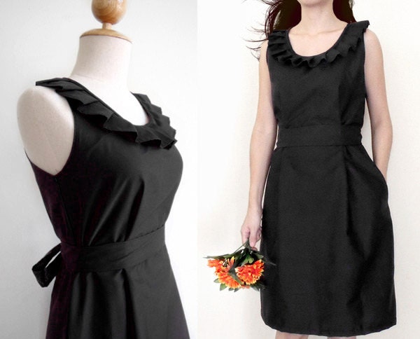 Custom fully lined bridesmaid pleated collar dress in BLACK with sash and pockets- custom size and length
