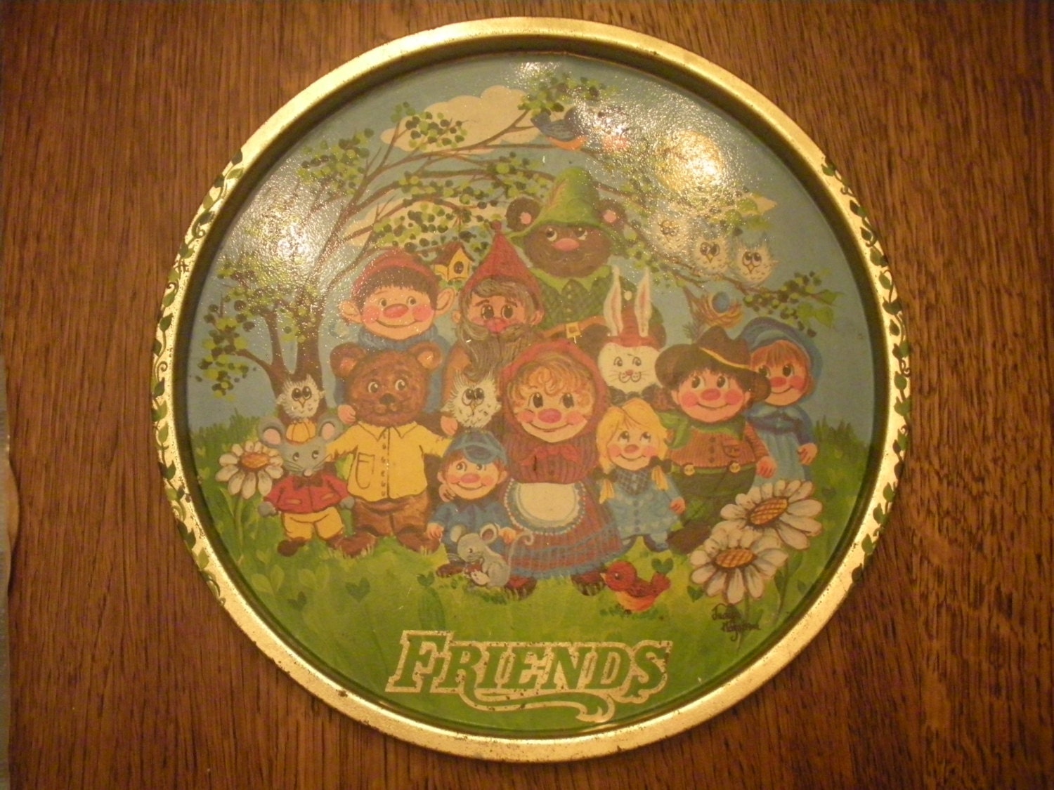 Vintage Friends Metal Tray Featuring Several Woodland Gnomes and Critters