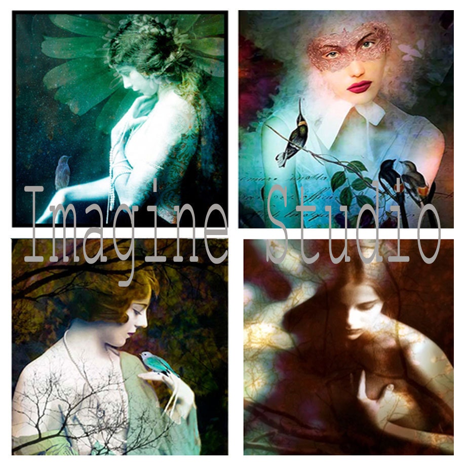 Portraits, Fine Art Photography, Set of 4 Woman Portraits, Surreal Photography, Photomontage, Collage, Ethereal, Home Deco, Wall Art