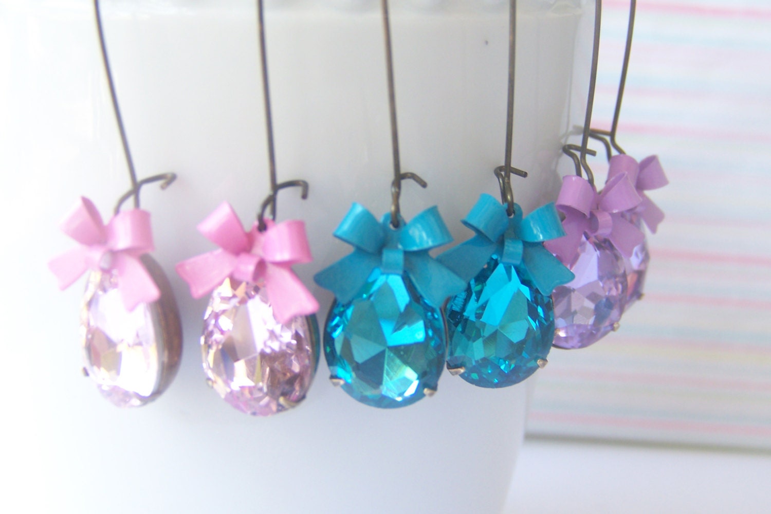 SUMMER SALE  Jewel Dangle Earrings with feminine Bow, pink earrings, blue earrings OR purple earrings, bridesmaid gift