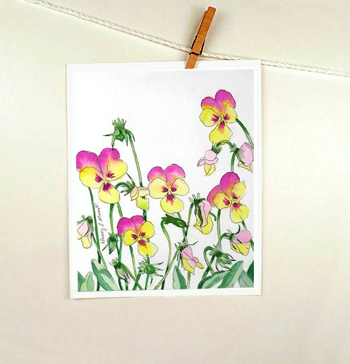Little Violets Watercolor Painting Print - Fathers Day - Yellow and Purple Flower Art, Floral Art, Nature Art - Women, Green - 7.6 x 9.6