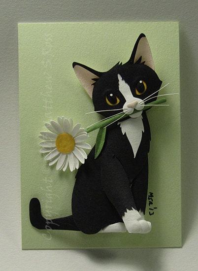 CUSTOM Kitten With a Daisy Cat ACEO Mini Paper Sculpture Matthew Ross