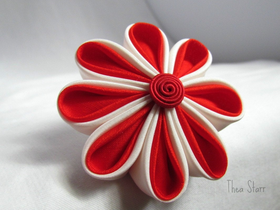 Red & White Delight - Kanzashi Fabric Hair Pin Flower
