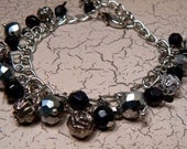 Antique Silver Charm Bracelet, Black Charm Bracelet, Antique Silver Rose Bracelet, Platinum Grey Crystal Bracelet