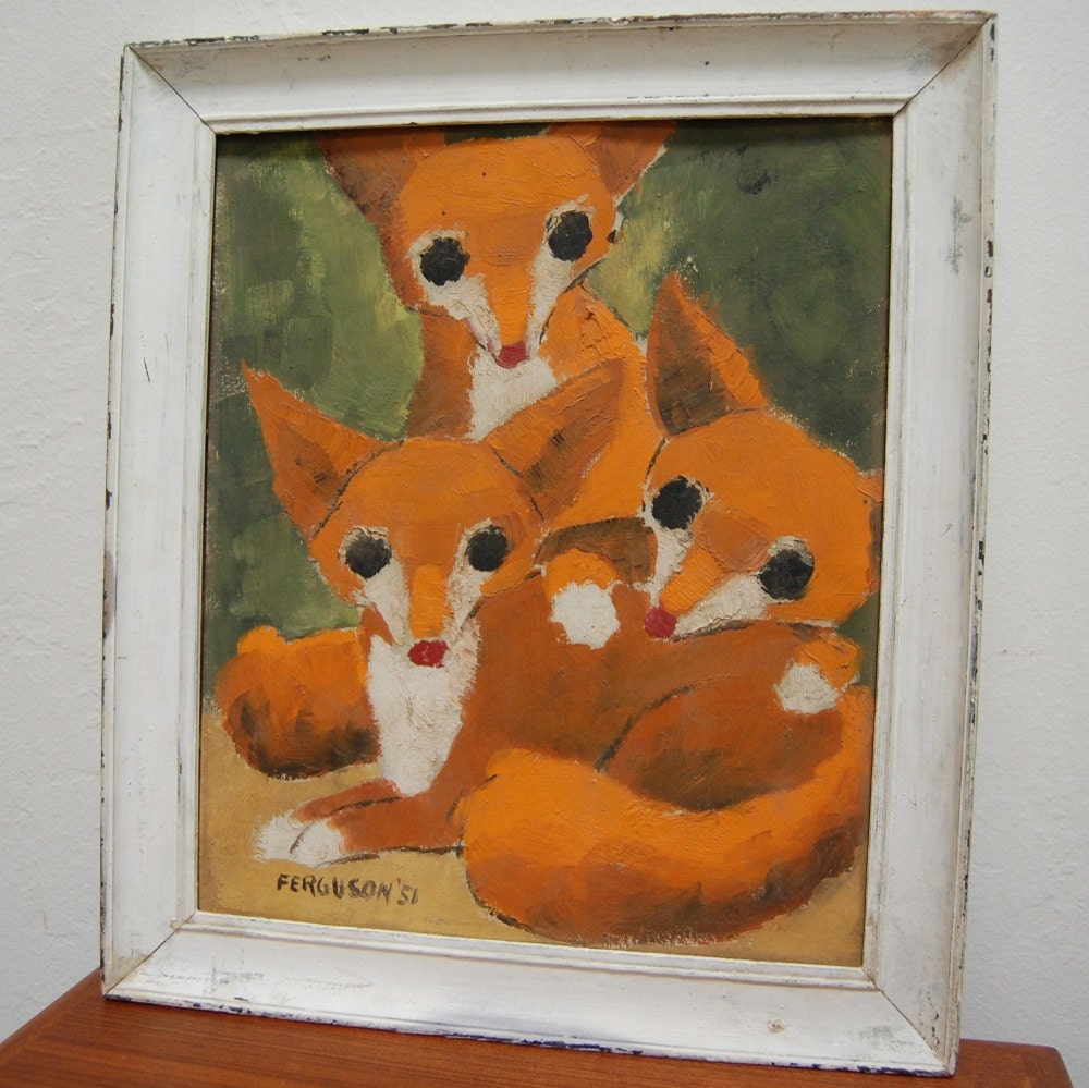 Vintage Mid Century 1950s Painting of Foxes Signed Ferguson