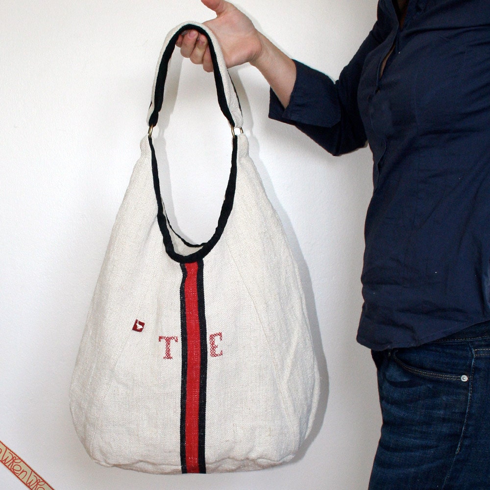 Black & Red Stripe - Antique Linen and Leather Bag